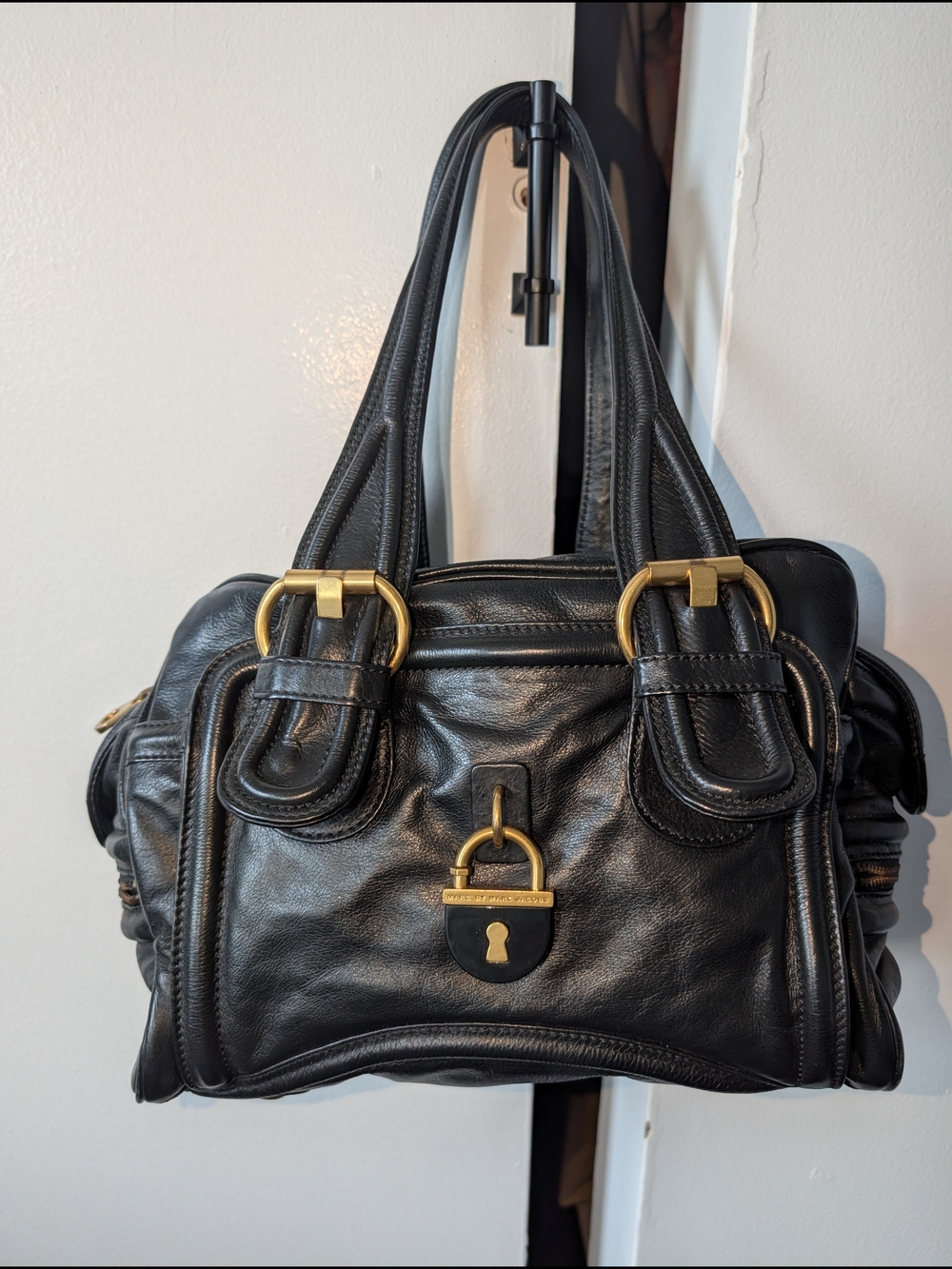 Marc by Marc Jacobs Black Leather Satchel with Drop Handles and Gold Hardware